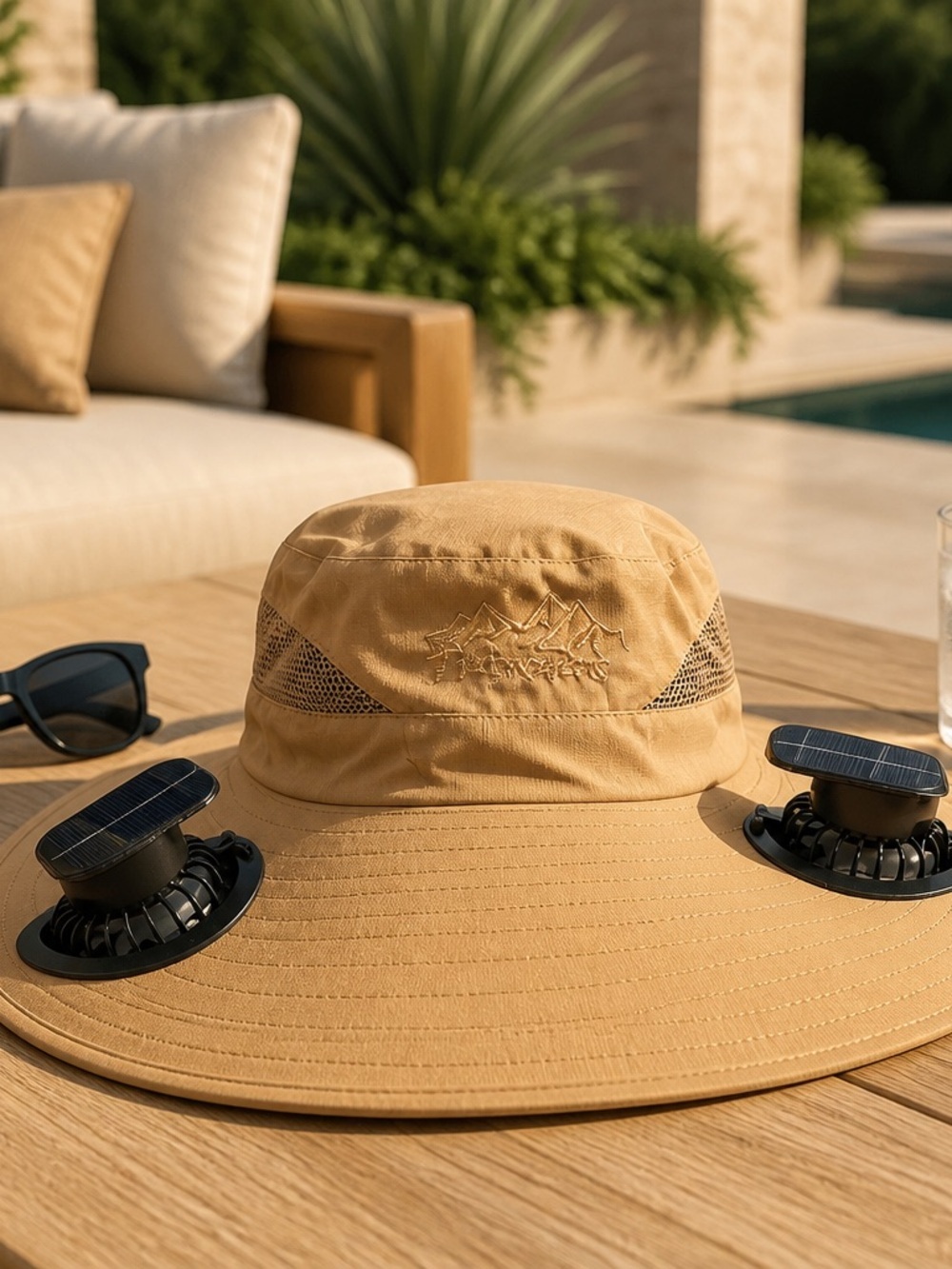 Wide-Brim Men’s Sun Hat with Integrated Fans - Tan